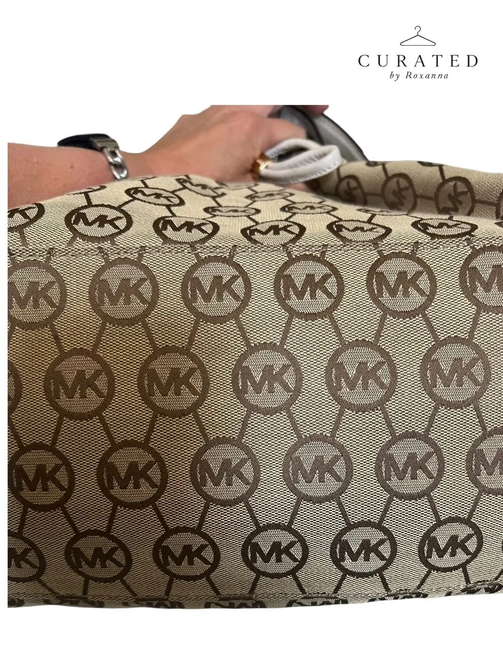 Michael Kors Signature MK Logo Drawstring Bucket Bag White Leather Trim/hardware